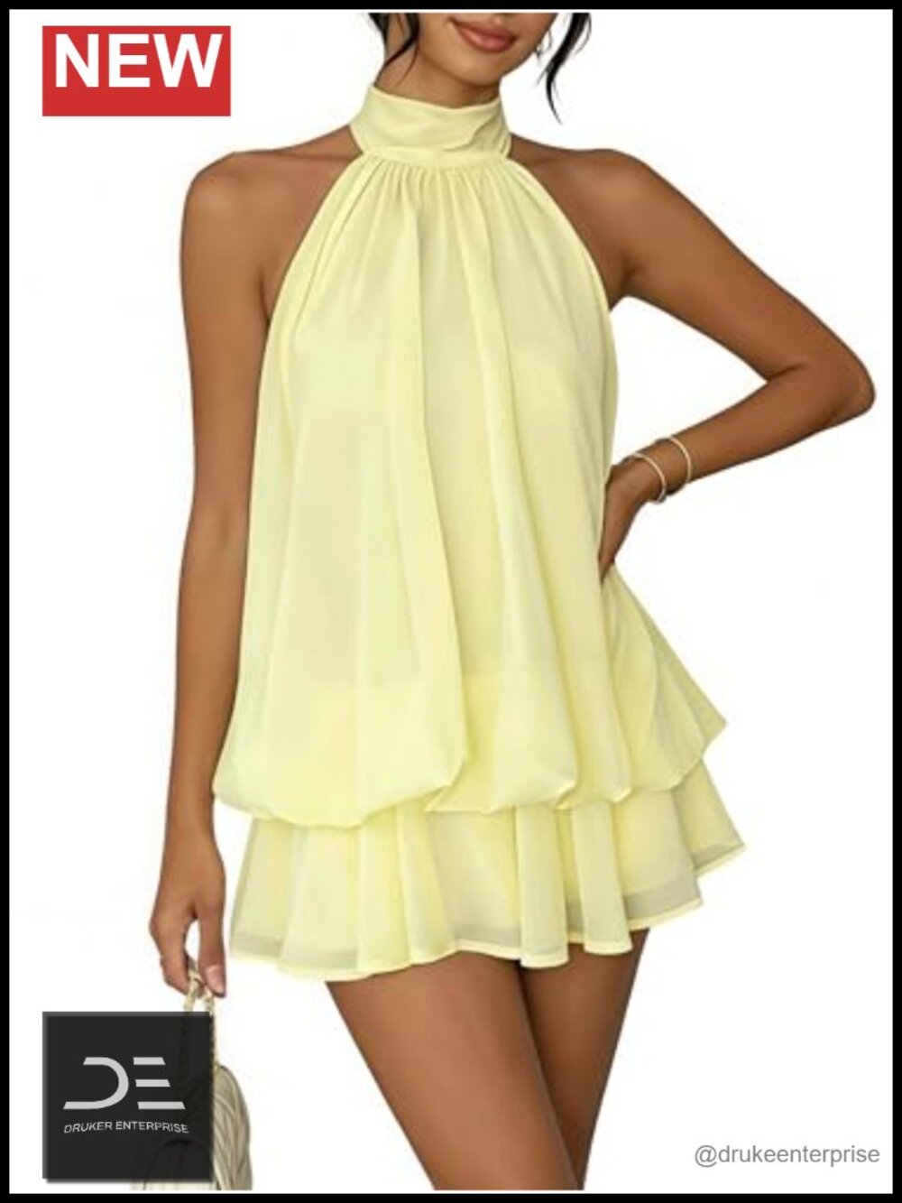 Women's Chiffon Halter Mini Dress Backless Ruffle A-Line Sleeveless